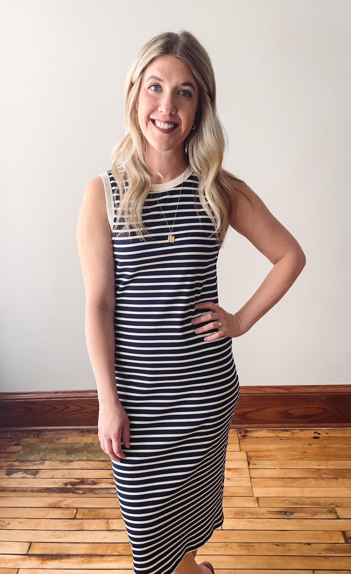 Navy + Cream Striped Midi Dress
