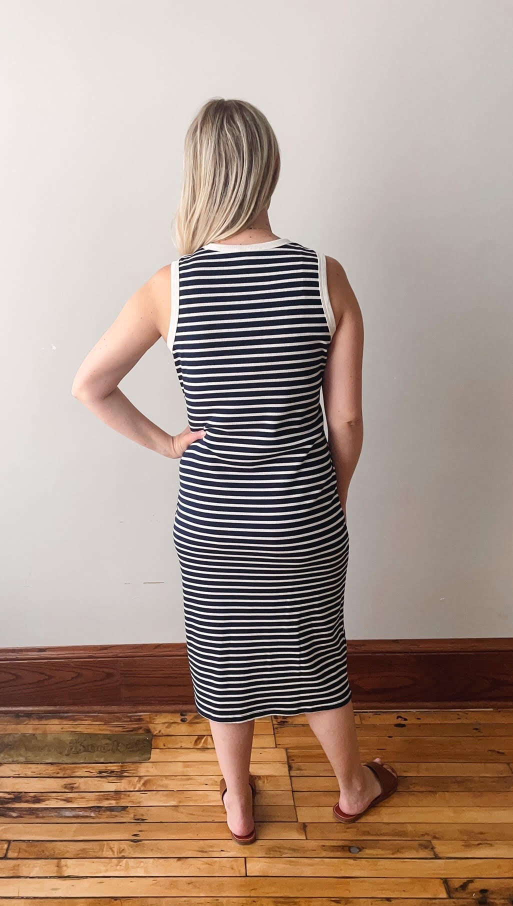 Navy + Cream Striped Midi Dress