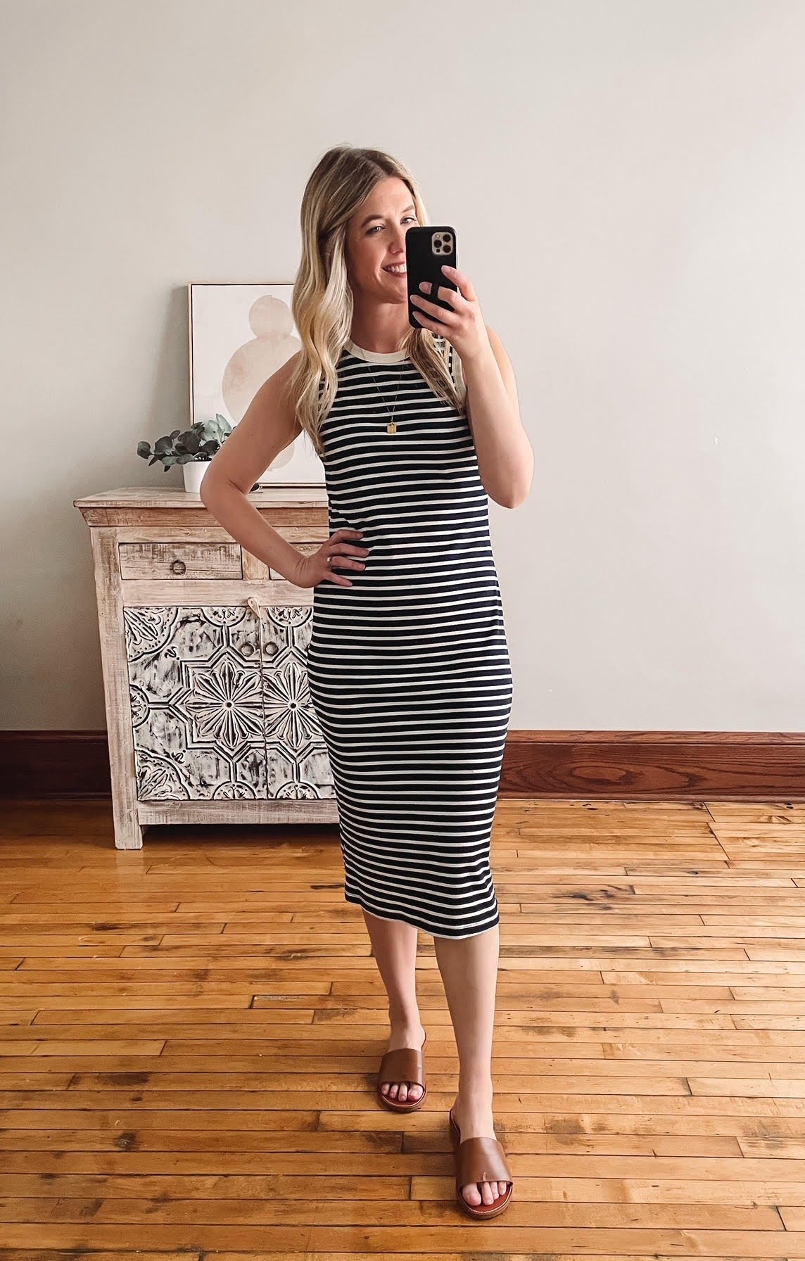 Navy + Cream Striped Midi Dress