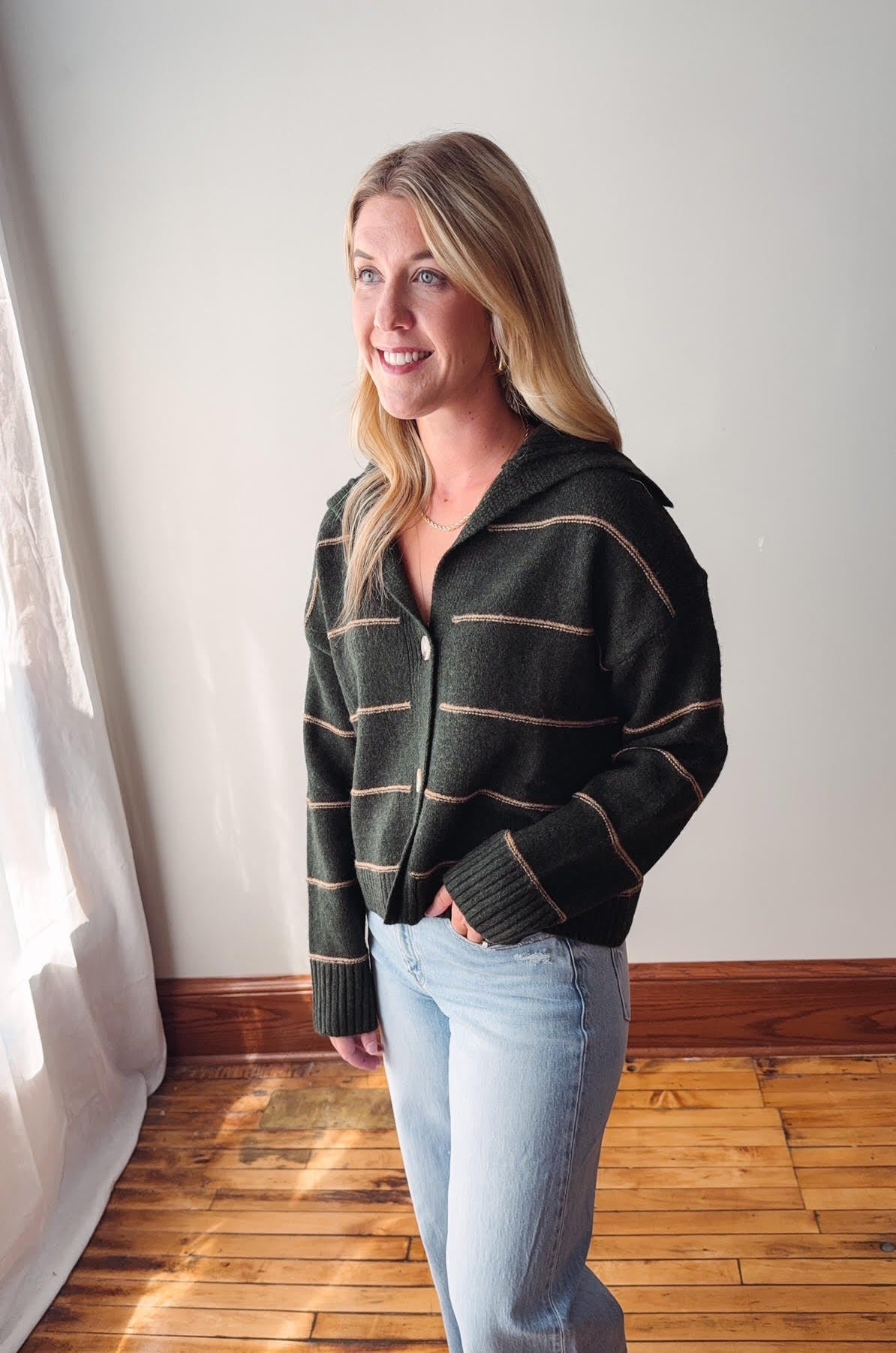 Olive Button-Up Striped Collared Cardigan