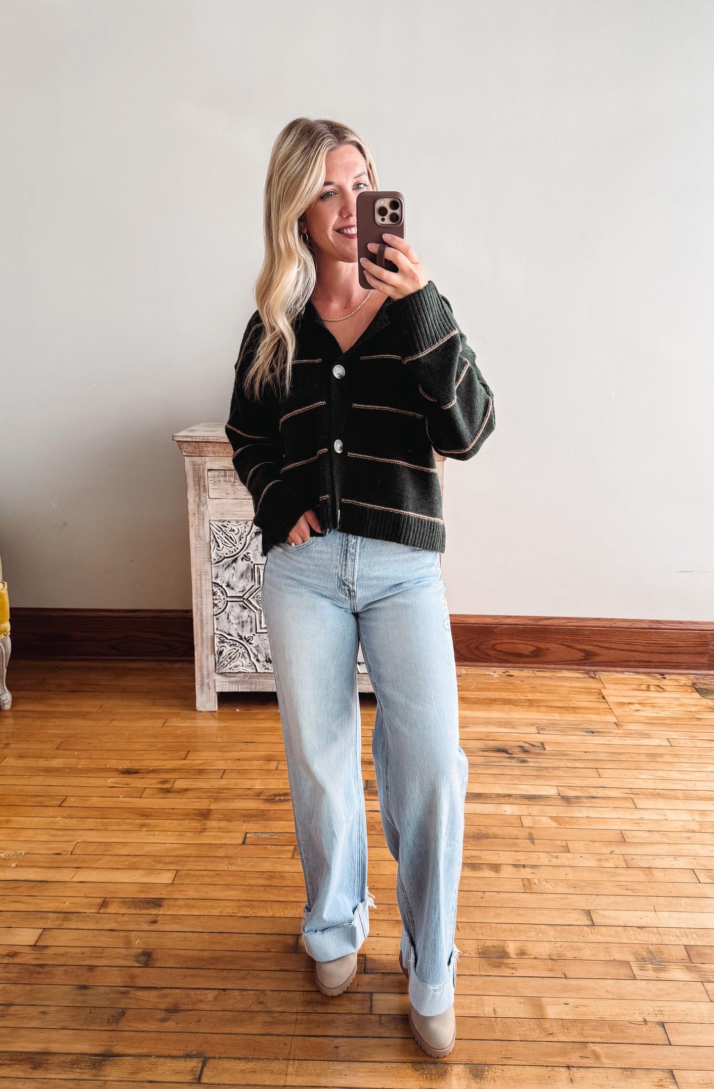 Olive Button-Up Striped Collared Cardigan
