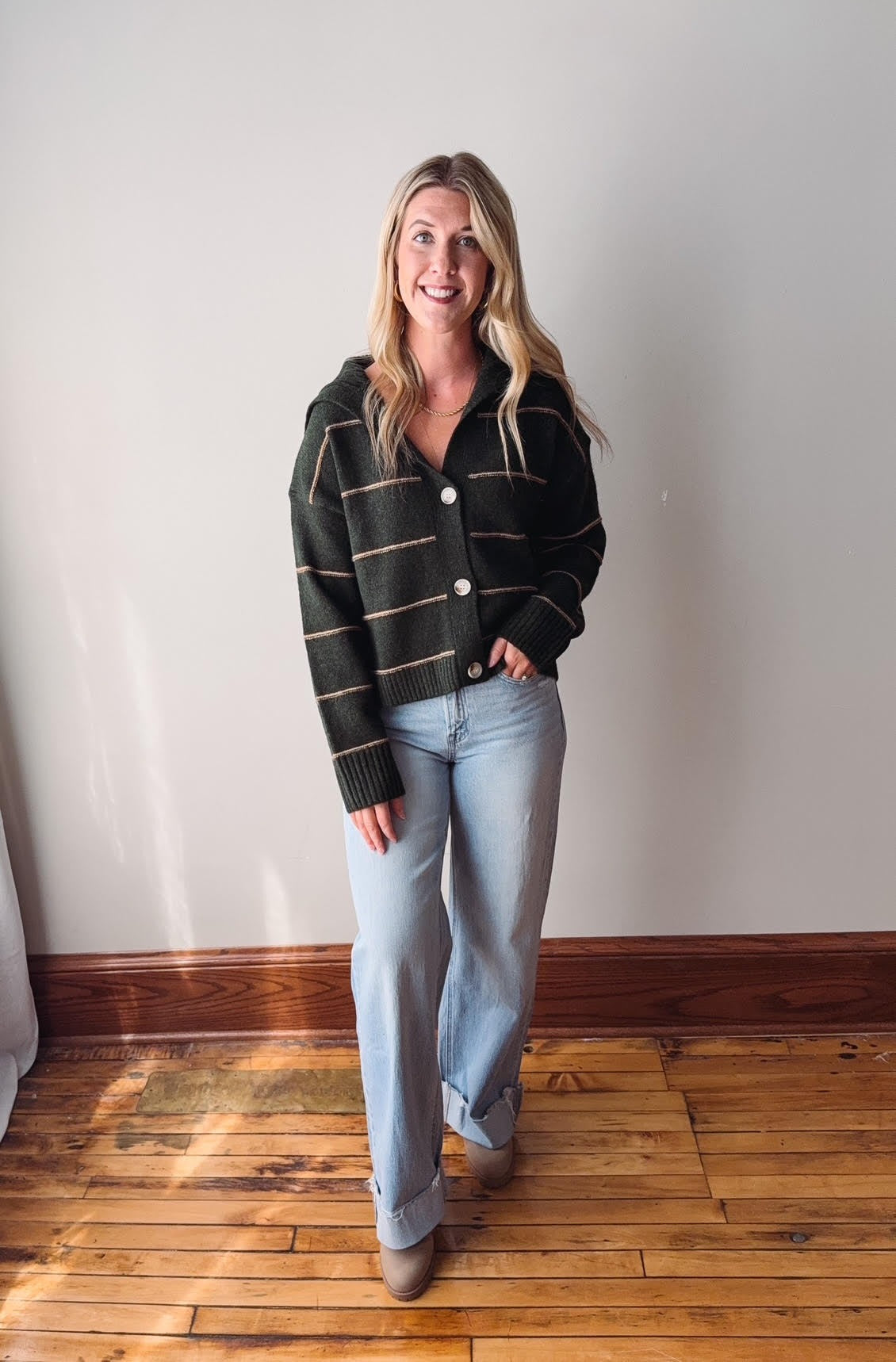 Olive Button-Up Striped Collared Cardigan