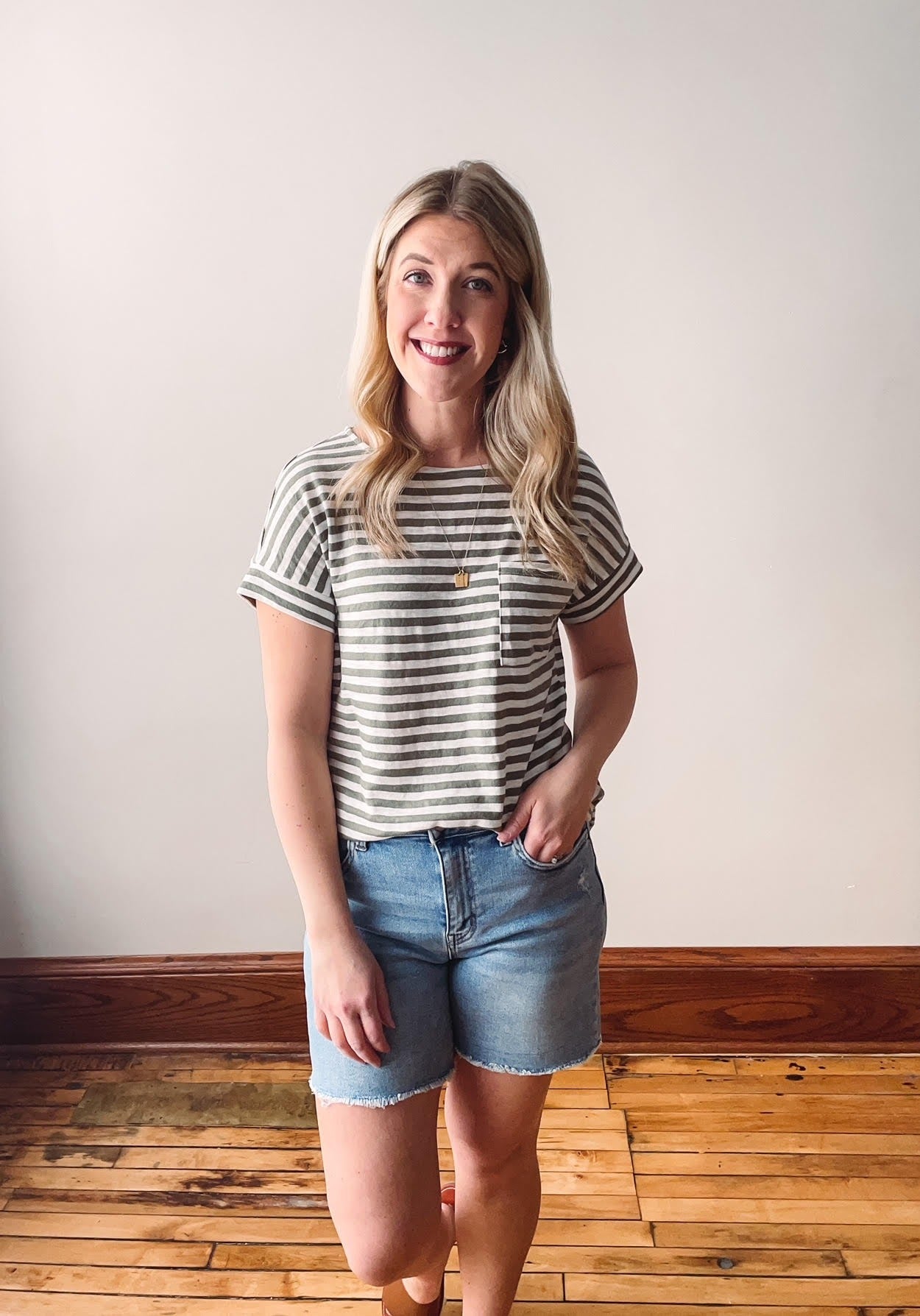 Olive Striped Short Sleeve Pocket Tee