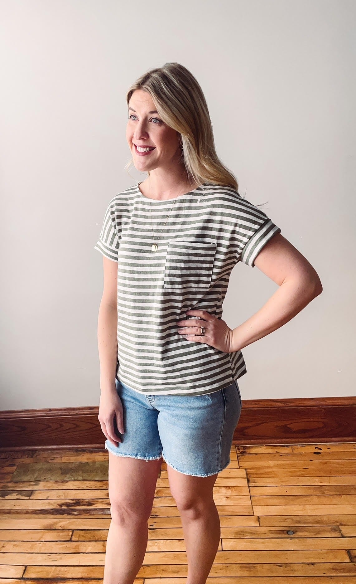 Olive Striped Short Sleeve Pocket Tee