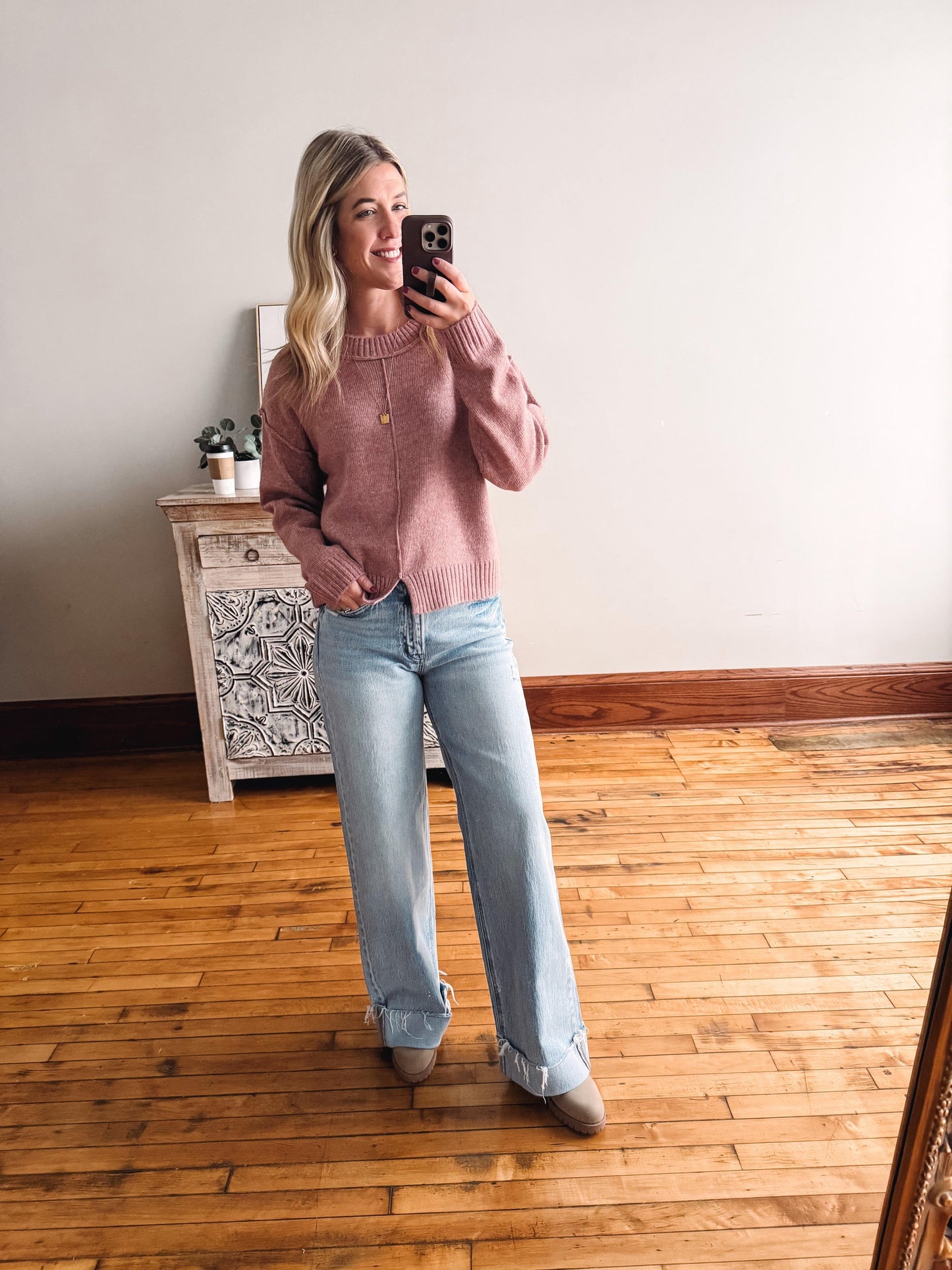 Pink Front Slit Sweater