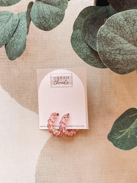 Pink Iridescent Braided Hoop Earrings