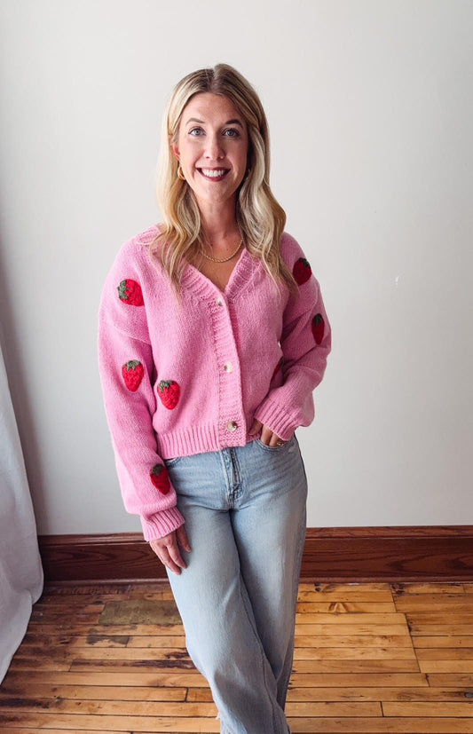 Pink Strawberry Embroidered Cropped Cardigan