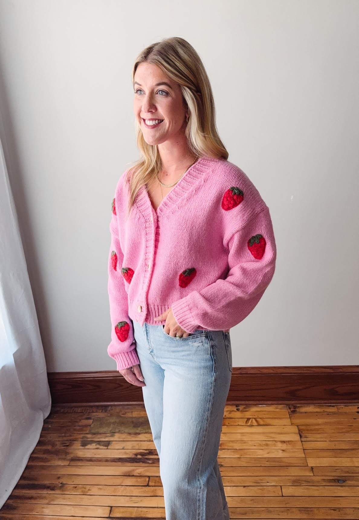 Pink Strawberry Embroidered Cropped Cardigan
