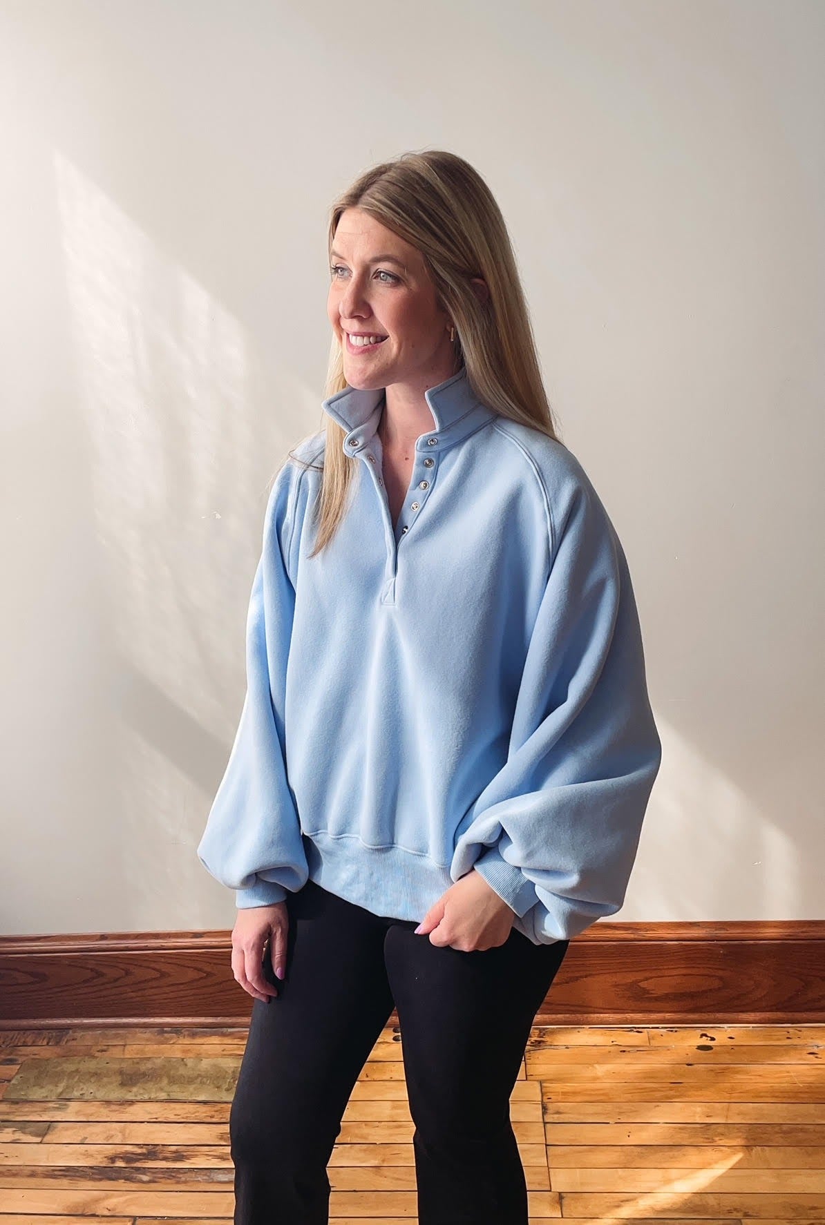 Piper Sky Blue Snap Button Collared Sweatshirt