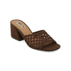 Brown woven sandal with block heel on a white background