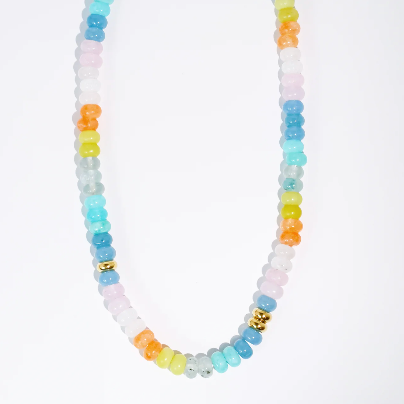 Necklace with multicolored beads on a white background