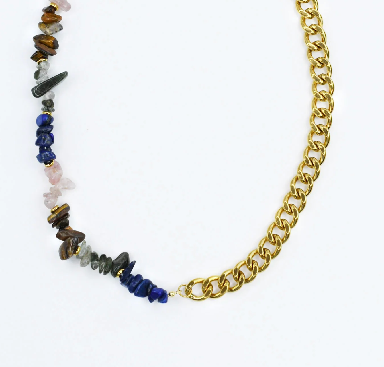 Necklace with multicolored beads and a gold chain on a white background