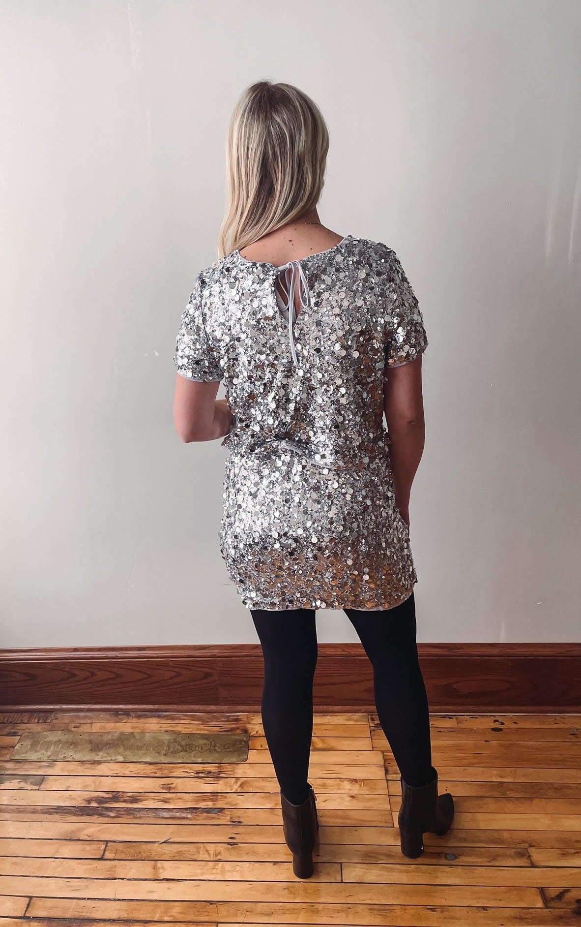 Silver Sequin Short Sleeve Blouse