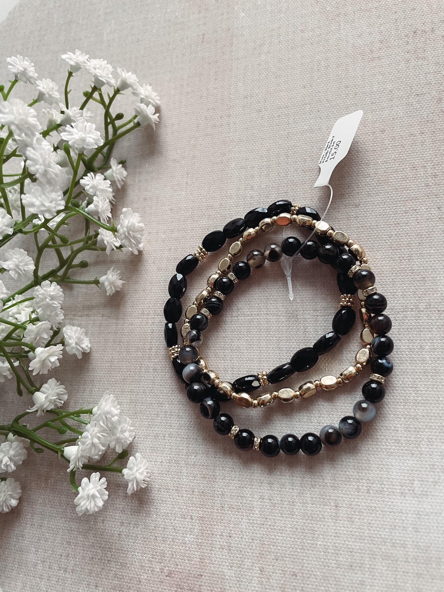 Stone + Black Metallic Beaded Bracelet Set