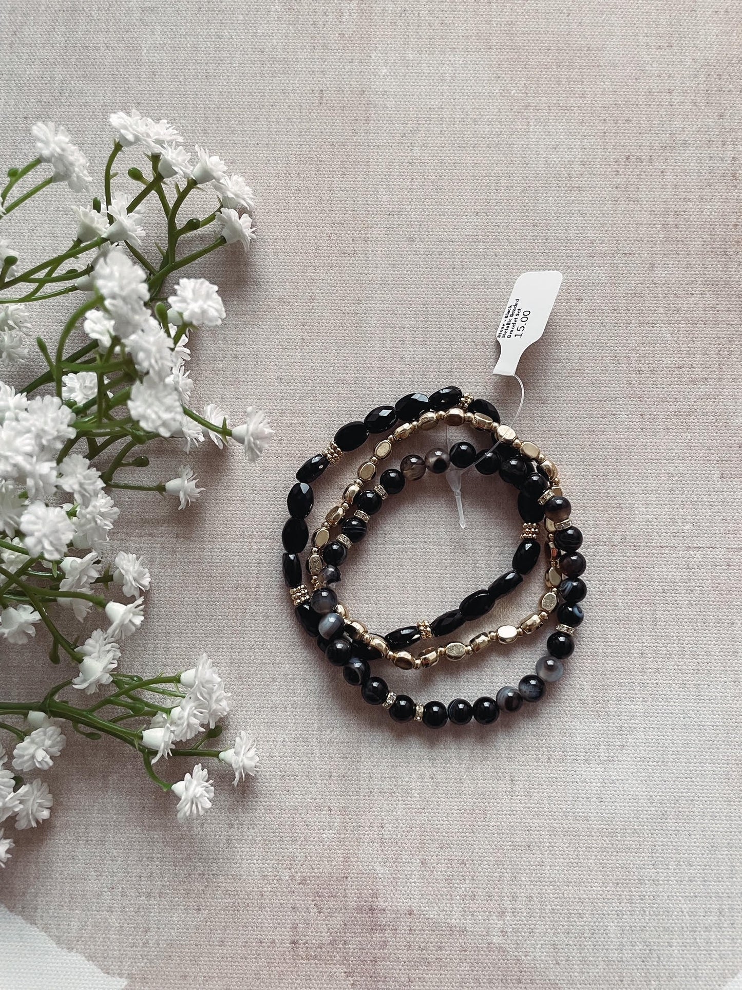 Stone + Black Metallic Beaded Bracelet Set