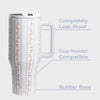Floral-patterned tumbler with text highlighting features on a white background