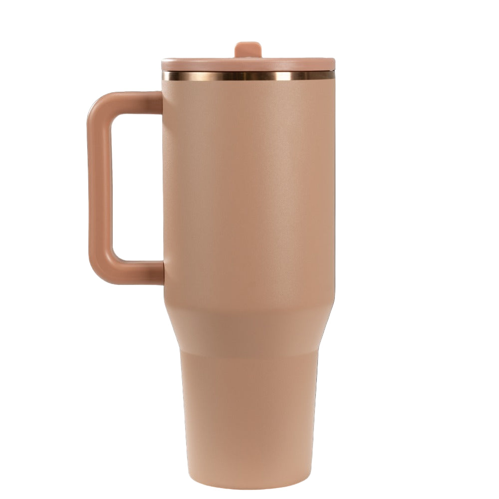 Beige travel mug with a copper handle on a white background