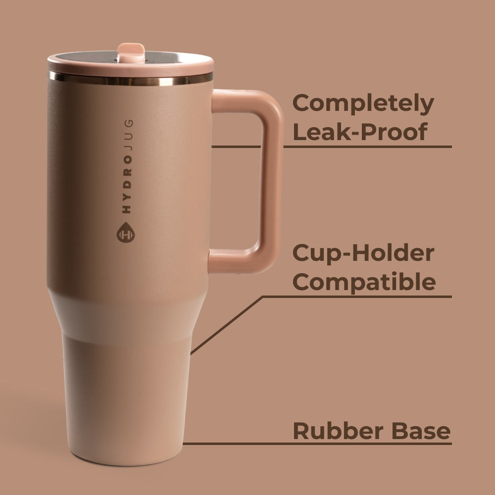 Brown travel mug with 'HydroJug' branding on a brown background