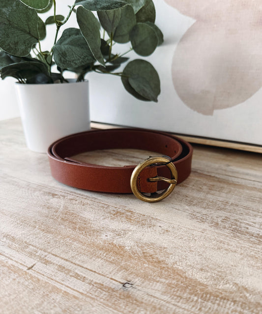 Brown belt with gold buckle on a wooden surface with a plant and book in the background