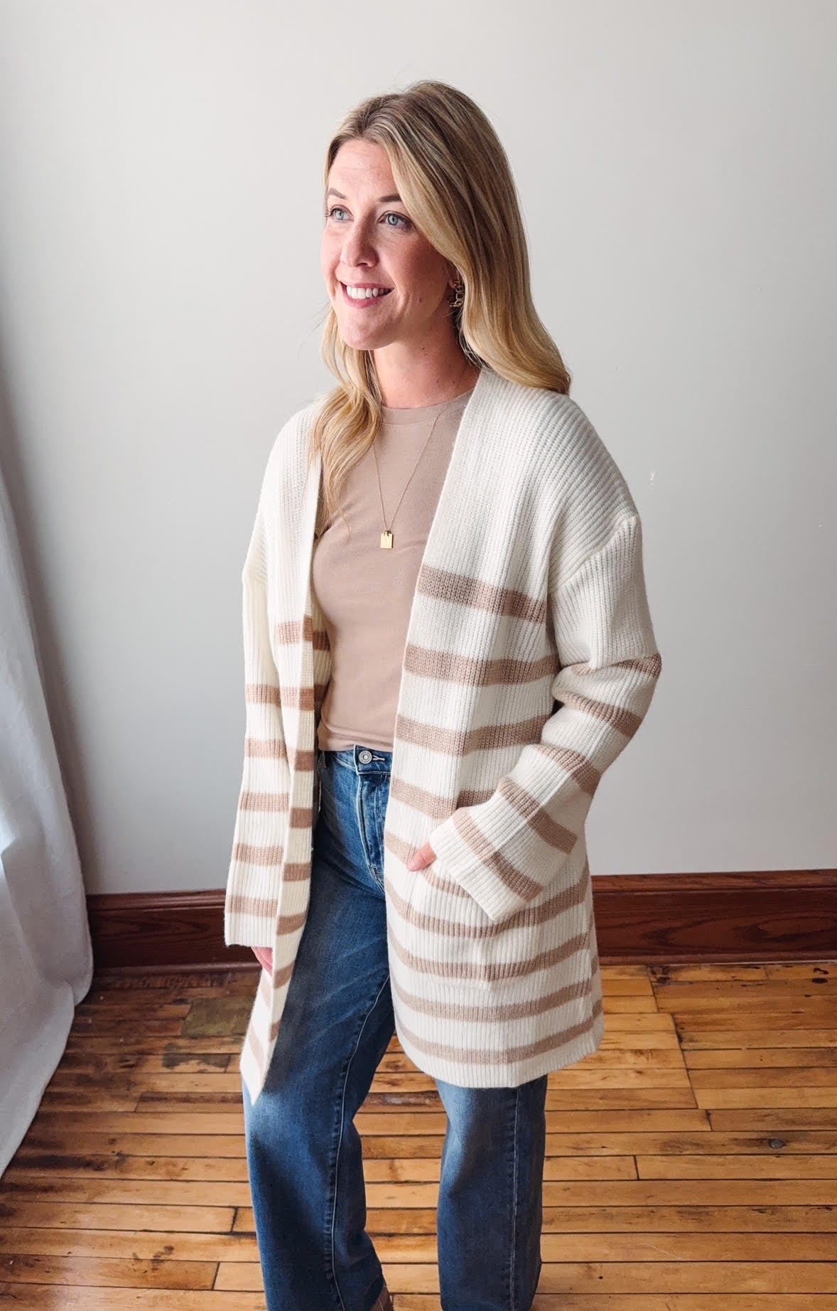 Taupe Striped Knit Open Cardigan