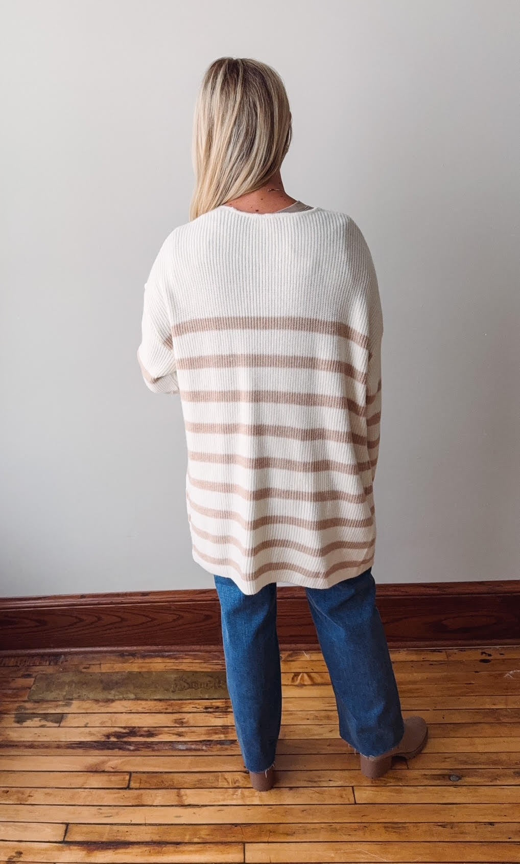 Taupe Striped Knit Open Cardigan