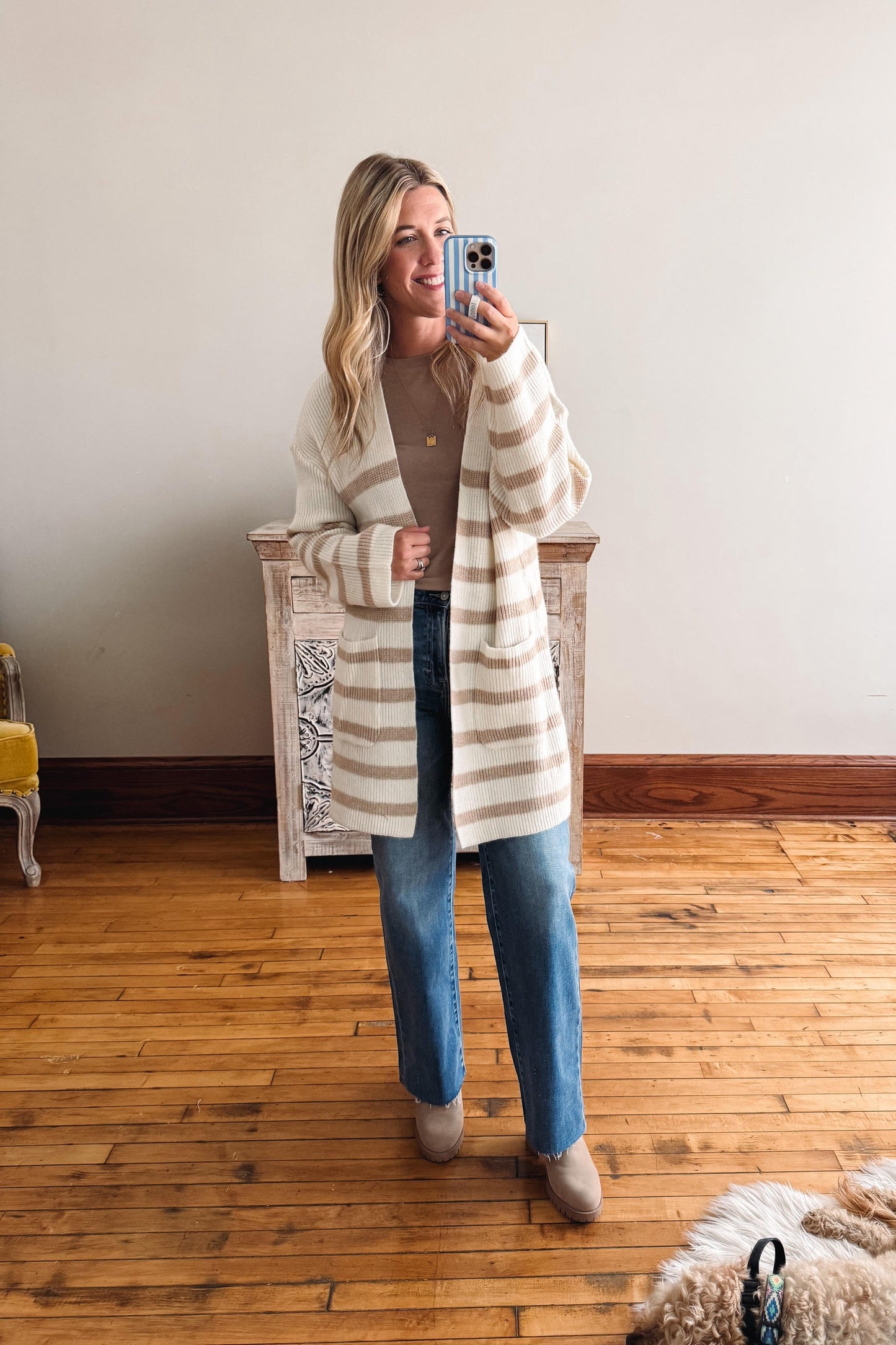 Taupe Striped Knit Open Cardigan
