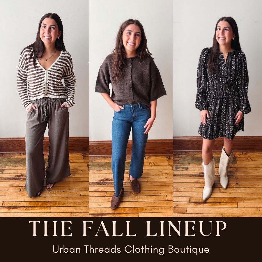 Women's fall outfits with denim jacket, striped sweater and olive + denim pants.