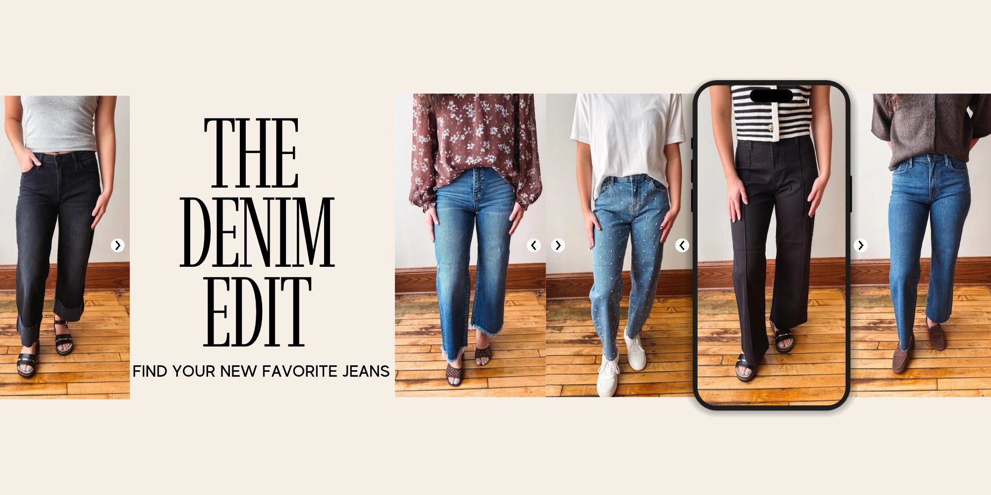Women's blue and black denim jeans in straight leg and wide cuffed styles.