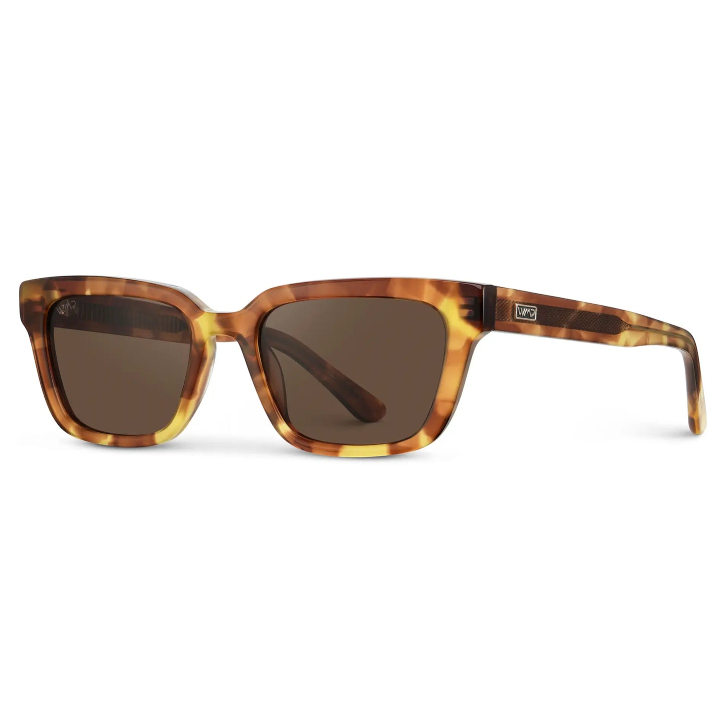 Sunglasses with tortoiseshell frame and brown lenses on a white background