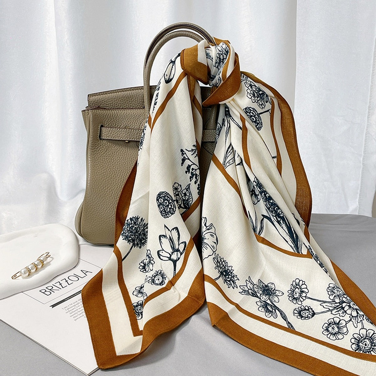 Navy + Carmel Floral Square Scarf