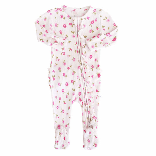 Floral-patterned baby onesie on a white background