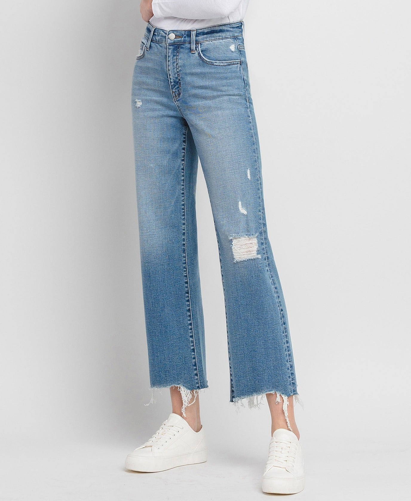 High Rise Distressed Slim Wide Jeans