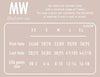 A size chart graphic for MW custom belts, showing a size table from XS to XL with first hole, last hole, and USA pants size measurements in inches and numbers, on a dusty pink background.