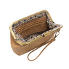 Brown handbag with floral interior lining on a white background
