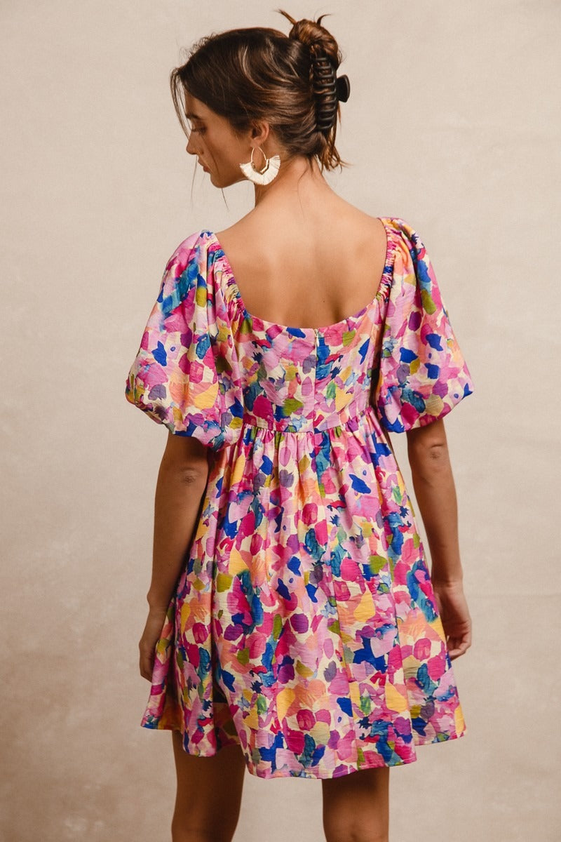 Multi Color Short Balloon Sleeve Dress