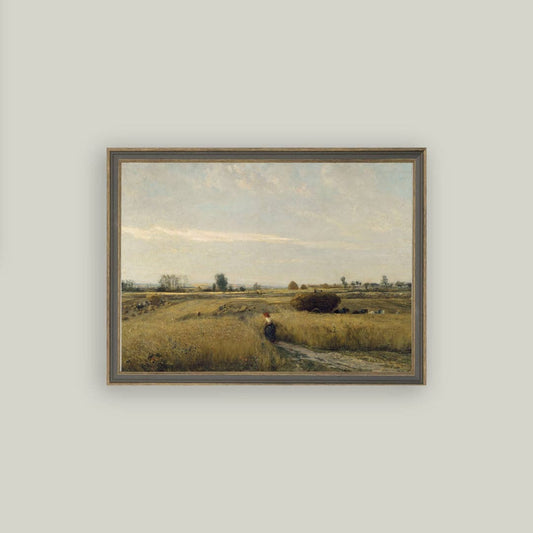 Framed painting of a landscape with a person walking on a path in a field.