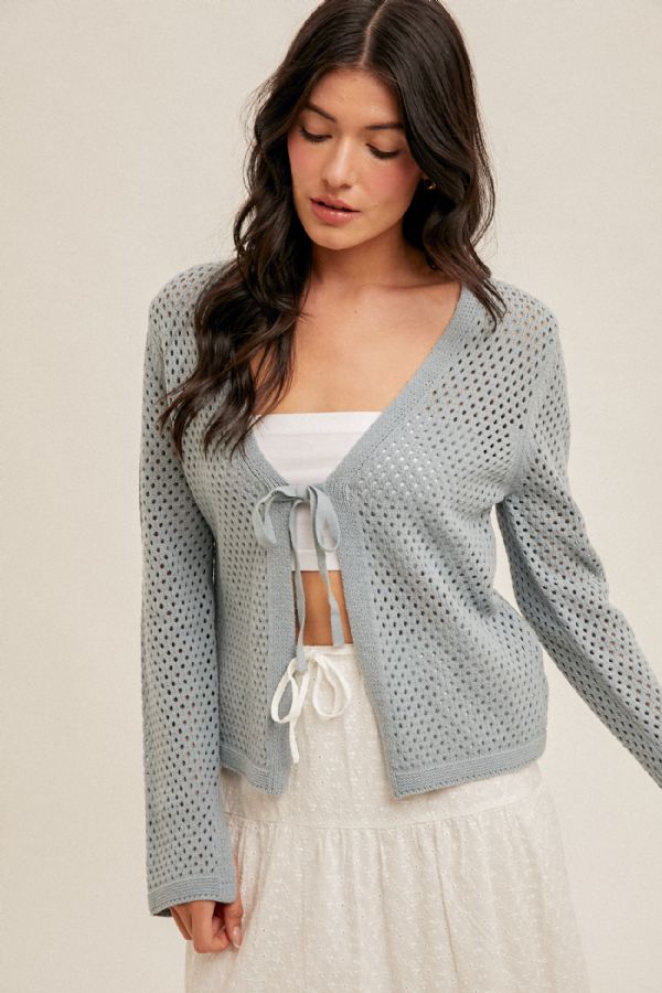 Blue Crochet Front Tie Sweater