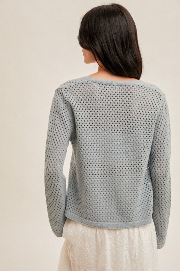 Blue Crochet Front Tie Sweater