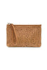 Brown leather clutch with perforated design on a white background