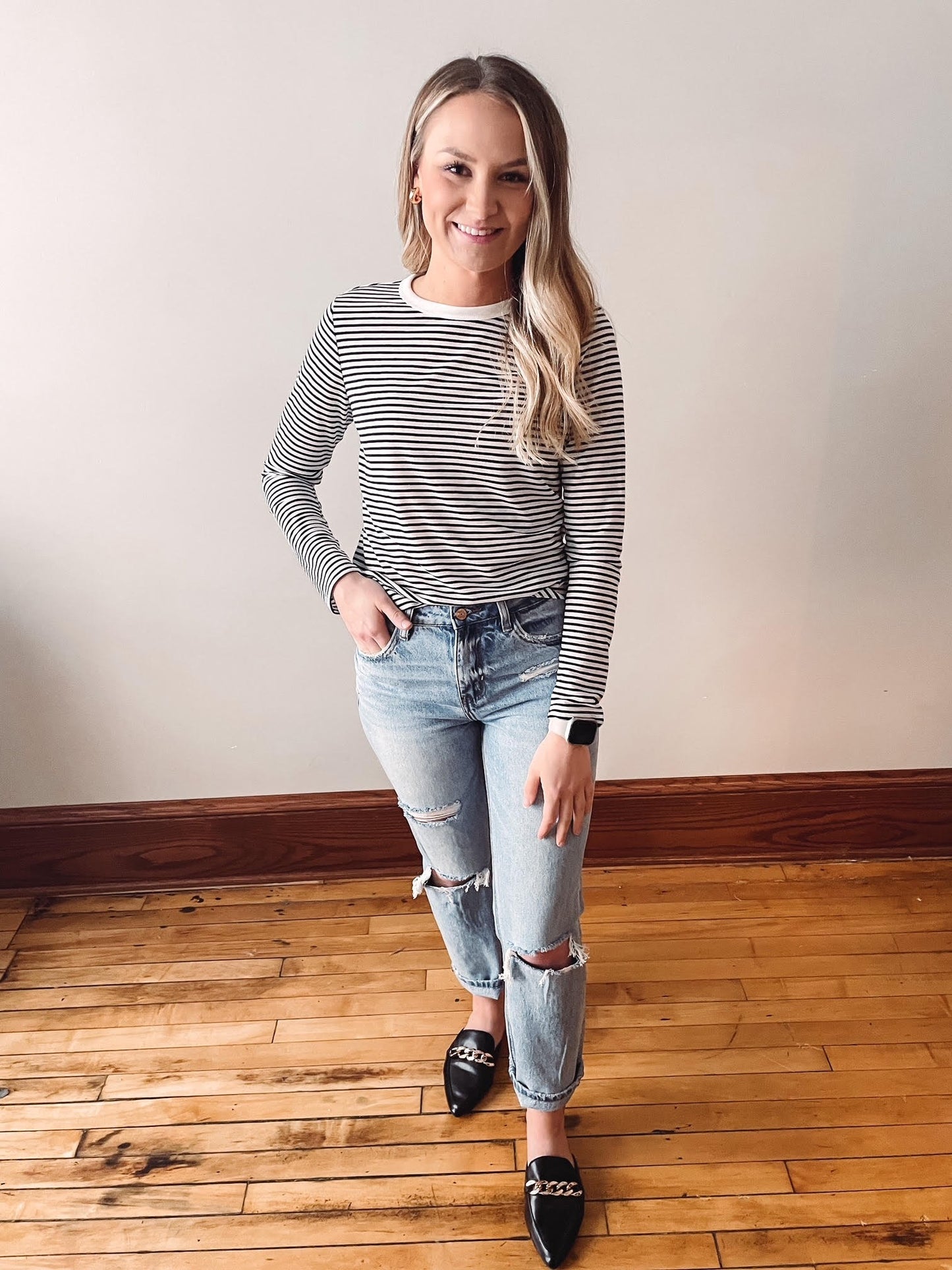Long Sleeve Black + White Stripe Top