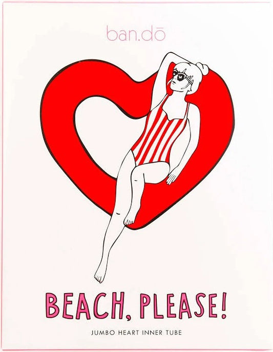 Product packaging with a woman in a swimsuit inside a red heart on a white background, featuring the brand 'ban.do'.
