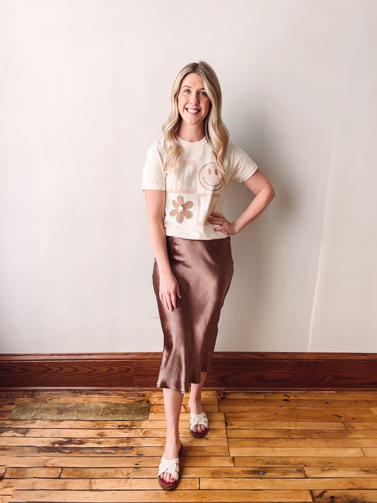 Brown Satin Midi Skirt