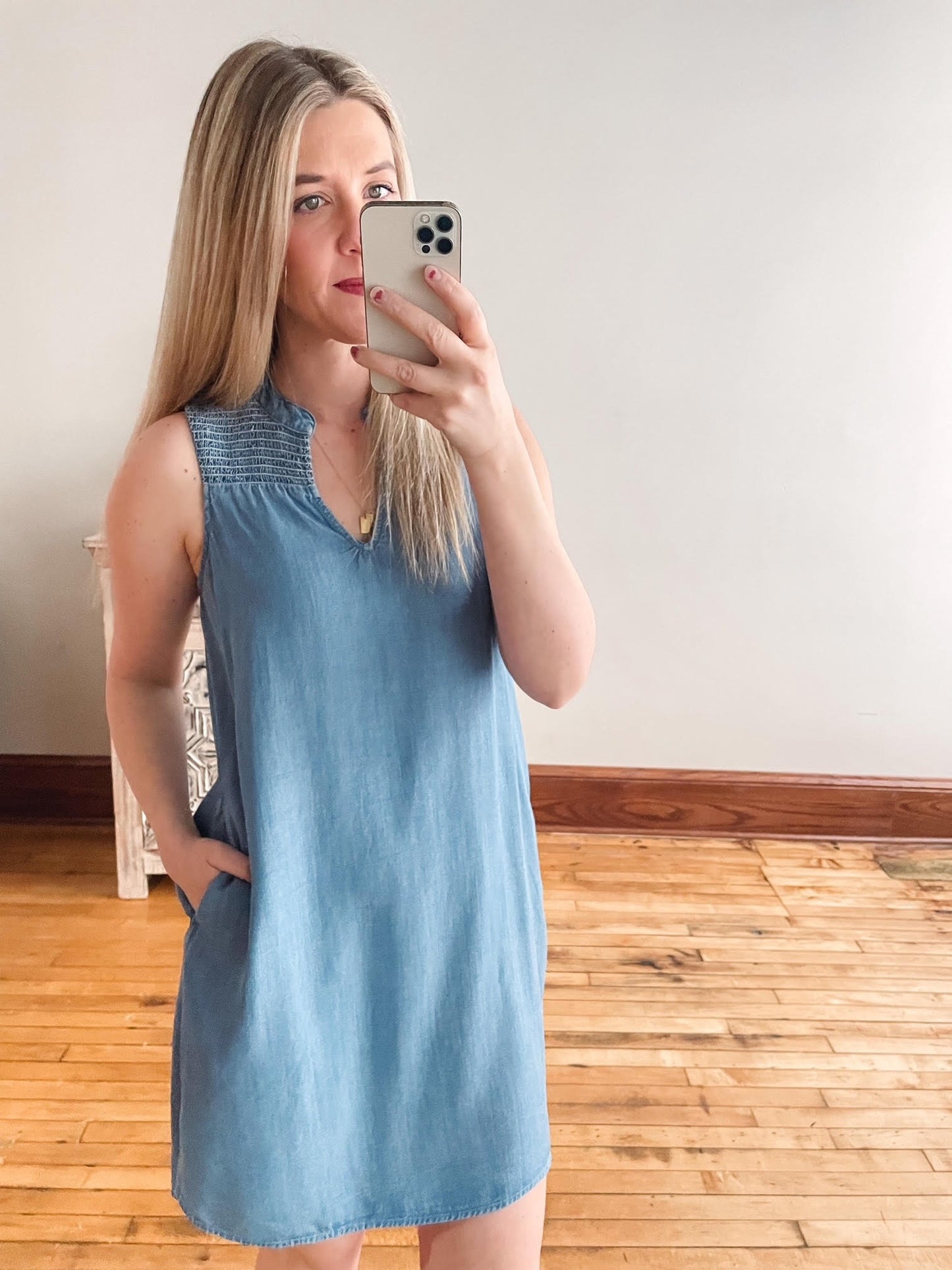 Smocked Shoulder Chambray Dress