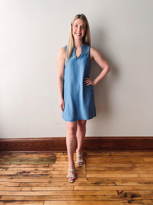 Smocked Shoulder Chambray Dress