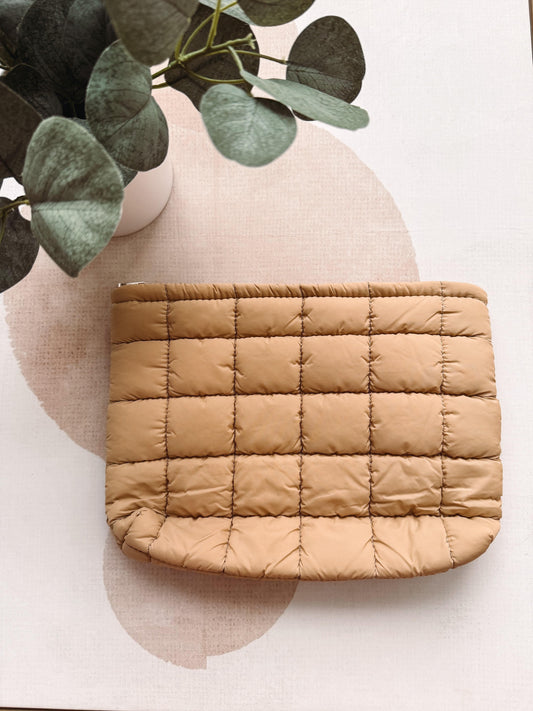 Tan Quilted Makeup Bag