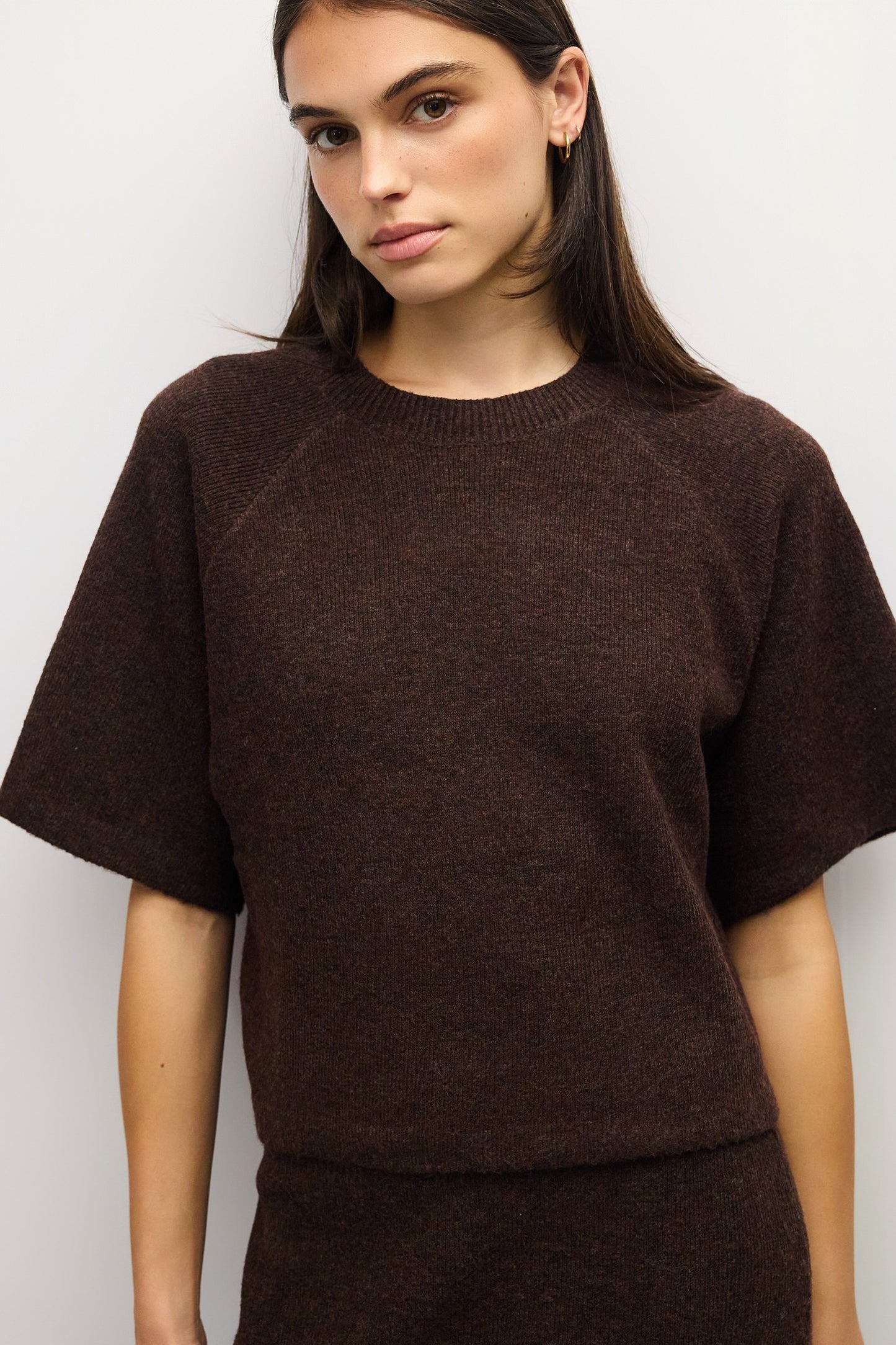 A woman wearing a dark brown short-sleeve knit sweater against a plain light gray background.