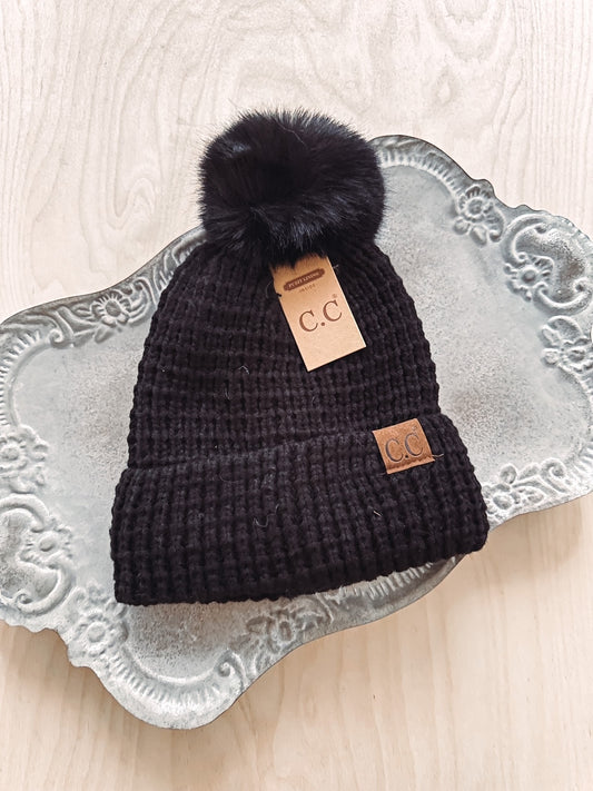 Remi Black Waffle Knit Pom Beanie