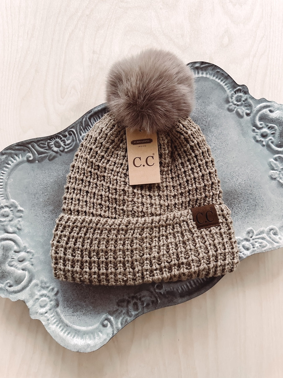 Remi Mocha Waffle Knit Pom Beanie