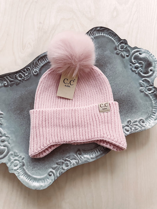 Skye Kids Pink Ear Flap Double Pom Beanie