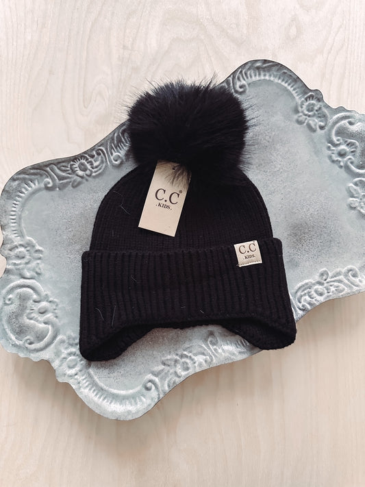 Skye Kids Black Ear Flap Double Pom Beanie